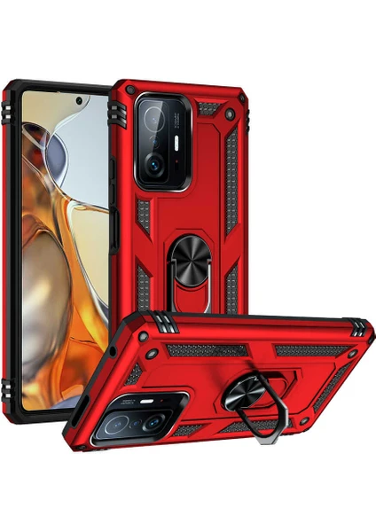 Case 4U Xiaomi Mi 11T 5g Kılıf Çift Katmanlı Yüzüklü Manyetik Vega Kapak Kırmızı