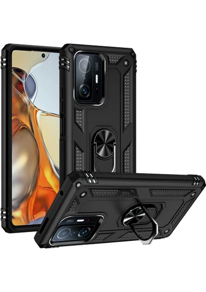 Case 4U Xiaomi Mi 11T 5g Kılıf Çift Katmanlı Yüzüklü Manyetik Vega Kapak Siyah