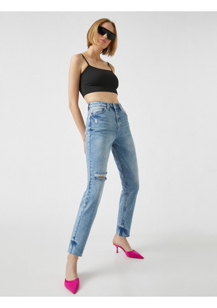 Yüksek Bel Yırtık Kot Pantolon - Mom Jean