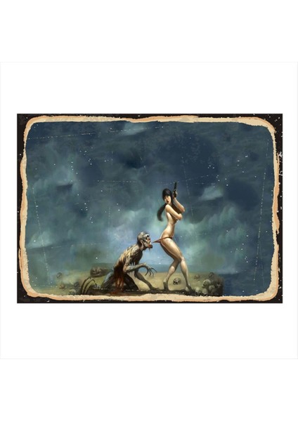 Ahşap Tablo Zombi ve Çıplak Kız 20CM x 30CM