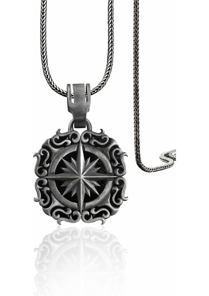 925 Ayar Gümüş Pusula Motif Desenli Kolye