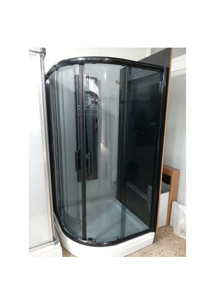 Özelduş 90X90 cm Oval Siyah Profil Füme Cam Duşakabin Tekneli