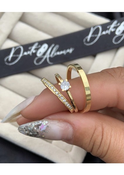 Gold Kaplama 3.5mm Taşlı 925 Ayar Gümüş Çift Alyans