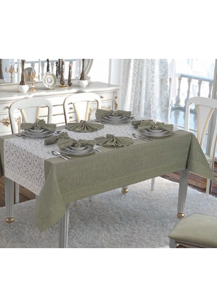 Nil Keten/Poly. Kumaş Koyu Yeşil Masa örtüsü ve Peçeteli Sofra Takımı 8 kişilik Dikdörtgen 160x230 cm 17 Parça - 459