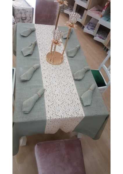 Nil Keten/Poly. Kumaş Koyu Yeşil Masa örtüsü ve Peçeteli Sofra Takımı 8 kişilik Dikdörtgen 160x230 cm 17 Parça - 459 fiyatları