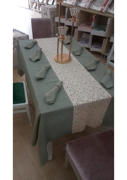 Nil Keten/Poly. Kumaş Koyu Yeşil Masa örtüsü ve Peçeteli Sofra Takımı 8 kişilik Dikdörtgen 160x230 cm 17 Parça - 459 modelleri