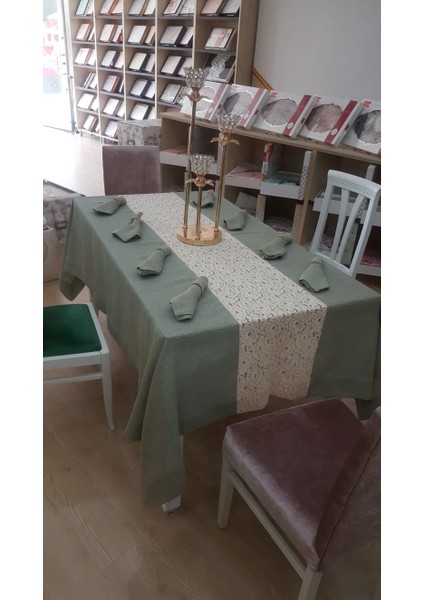 Nil Keten/Poly. Kumaş Koyu Yeşil Masa örtüsü ve Peçeteli Sofra Takımı 8 kişilik Dikdörtgen 160x230 cm 17 Parça - 459 indirimleri