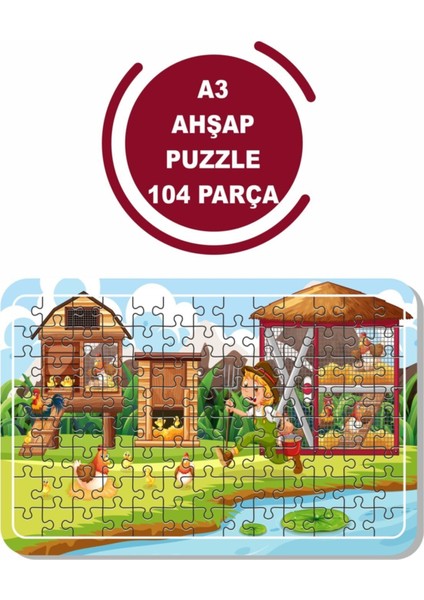 Çiftlikte Tavuk, Horoz ve Civcivler A3 104 Parça Puzzle, Oyuncak, Yapboz