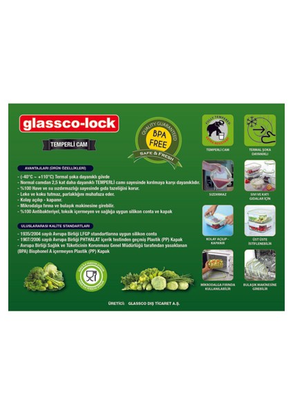 Glassco-Lock Tempered Cam Saklama Kabı Yeşil 760 cc / 25,7 Oz Glassco -Lock Temperli Kilitli Saklama Kabı Kare 760 cc