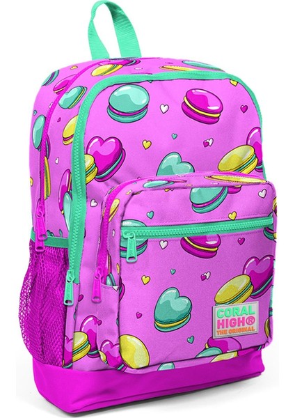 Kids Açık Pembe Makaron Desenli Dört Bölmeli Okul Sırt Çantası 23462