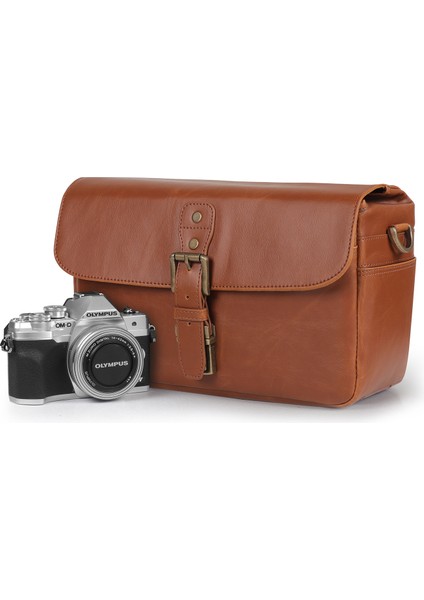 Suni Deri Fotoğraf Makinesi Omuz Çantası - Taba modelleri