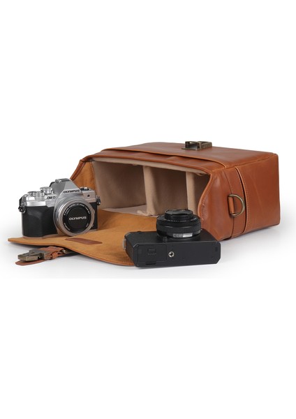 Suni Deri Fotoğraf Makinesi Omuz Çantası - Taba indirimleri