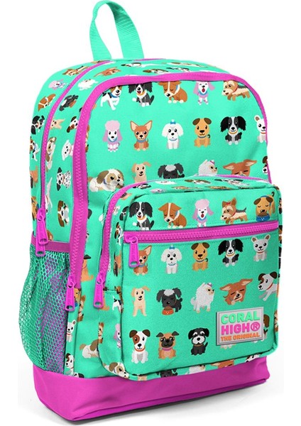 Kids Su Yeşili Köpek Desenli Dört Bölmeli Okul Sırt Çantası 23464