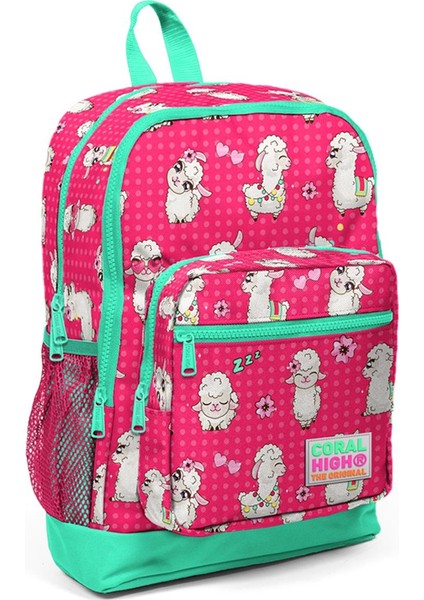 Kids Neon Mercan Alpaka Desenli Dört Bölmeli Okul Sırt Çantası 23466