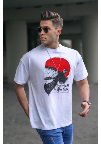 Erkek Desenli Beyaz T-Shirt 5361