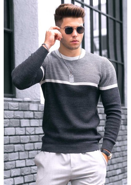 Antrasit Renk Bloklu Erkek Kazak 4734