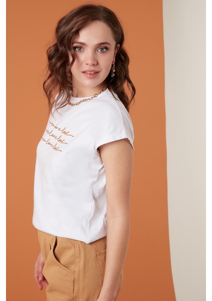 Baskılı Bisiklet Yaka % 100 Pamuk T Shirt Bayan T Shirt 5864217