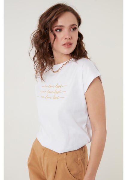 Baskılı Bisiklet Yaka % 100 Pamuk T Shirt Bayan T Shirt 5864217