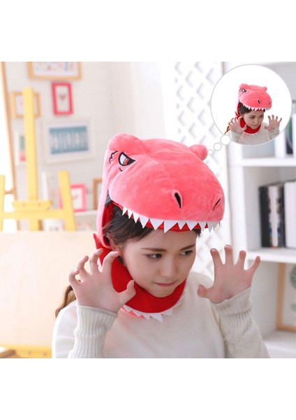 Peluş Dinozor Şapka Cosplay Headgear Giydir Parti Şapkaları Çocuklar Için Yetişkin Pembe