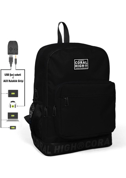 Nakış Logolu USB Şarjlı Kulaklık Çıkışlı Siyah Sırt Çantası 24110