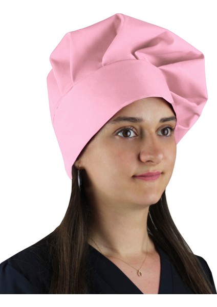 Pembe Alpaka Kumaş Mantar Aşçı Şapkası