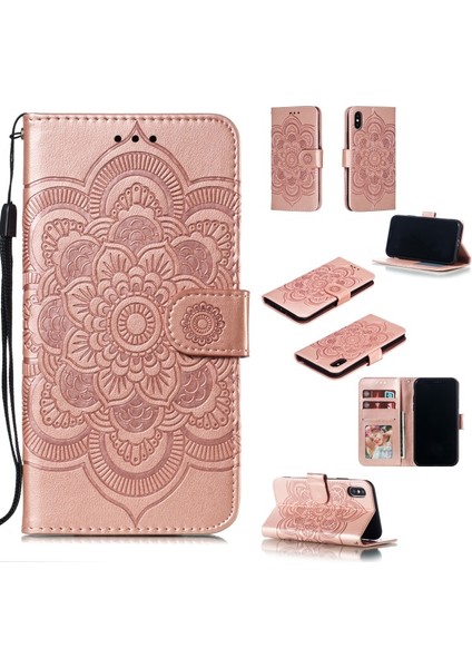 Künye Mandala Çiçek Deri Cüzdan Durumda Telefon Kılıf iphone x / Xs - Gül Altın (Yurt Dışından)