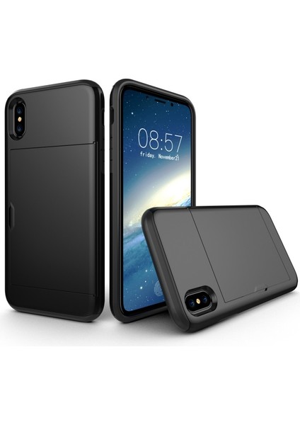 Iphone Xs / x 5.8 Inç Sürgülü Kart Tutucu Pc + Tpu Hibrid Kılıf Kılıfı - Siyah (Yurt Dışından)