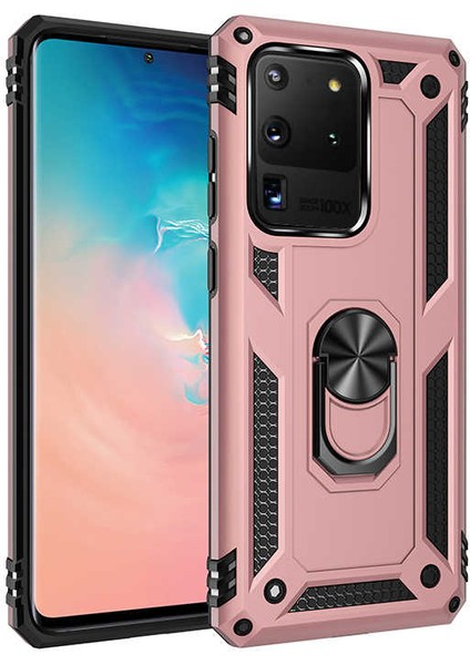 Samsung Galaxy S20 Ultra Uyumlu Kılıf Çift Katmanlı Yüzüklü Manyetik Vega Kapak Rose Gold