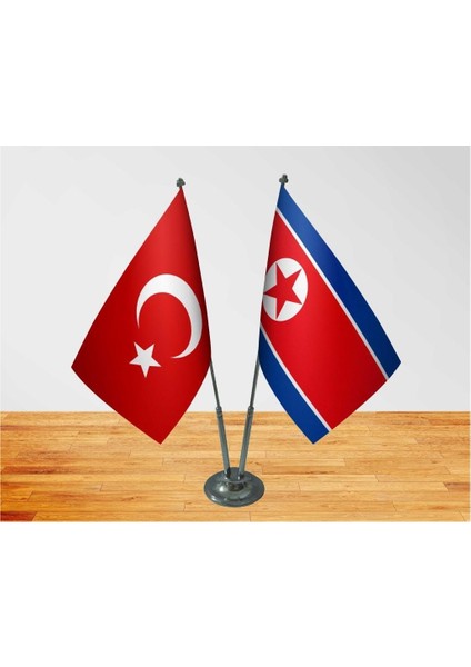 Kuzey Kore Masa Bayrağı Krom Direkli Ikili Bayrak
