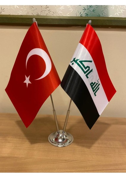 Irak Masa Bayrağı Krom Direkli Ikili Bayrak