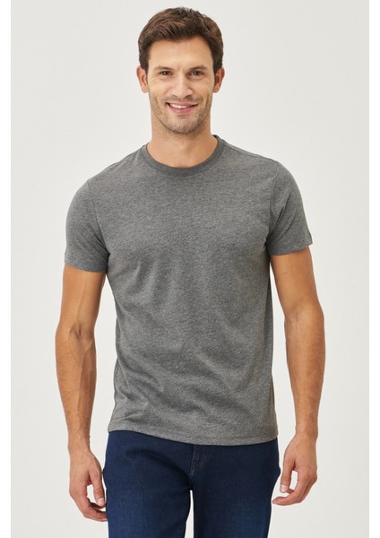 Erkek Antrasit Pamuklu Slim Fit Dar Kesim Bisiklet Yaka Tişört