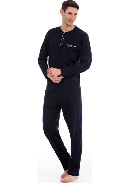 5505 Erkek Çeyizlik Uzun Kollu Pijama Ropdöşambır Takım - Lacivert