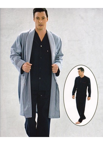 5505 Erkek Çeyizlik Uzun Kollu Pijama Ropdöşambır Takım - Lacivert