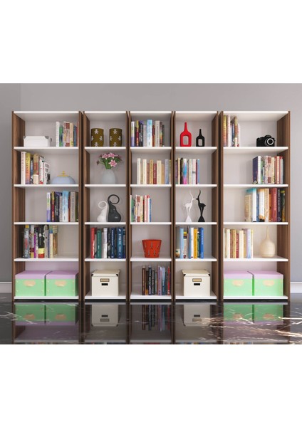 5'li Kitaplık Arkalıklı Model Ceviz-Beyaz
