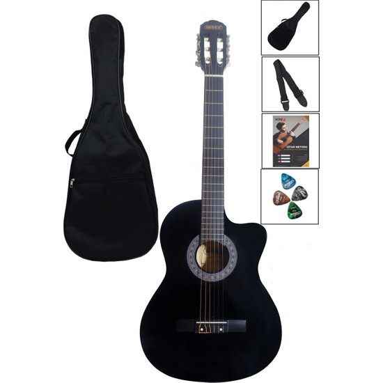 Midex CG-38BK Siyah Klasik Gitar 4/4 Kesik Kasa Full Set (Çanta Askı Metod Pena)
