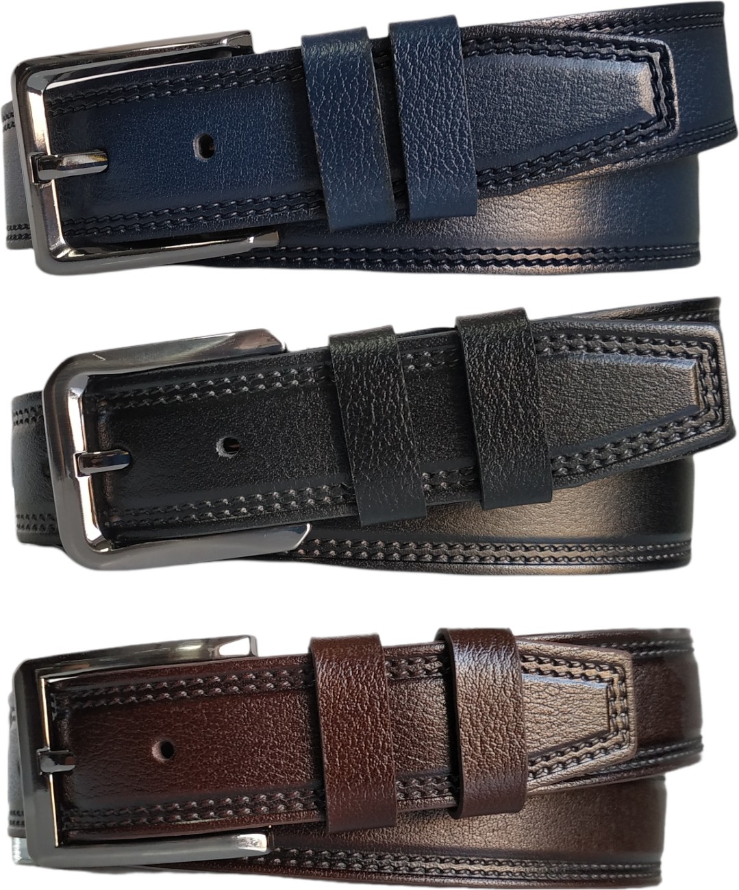 Kar-Pa %100 Deri 3'lü Set Dikiş Desenli Kanvas Pantolon Kemeri 4cm: Siyah-Kahverengi-Lacivert