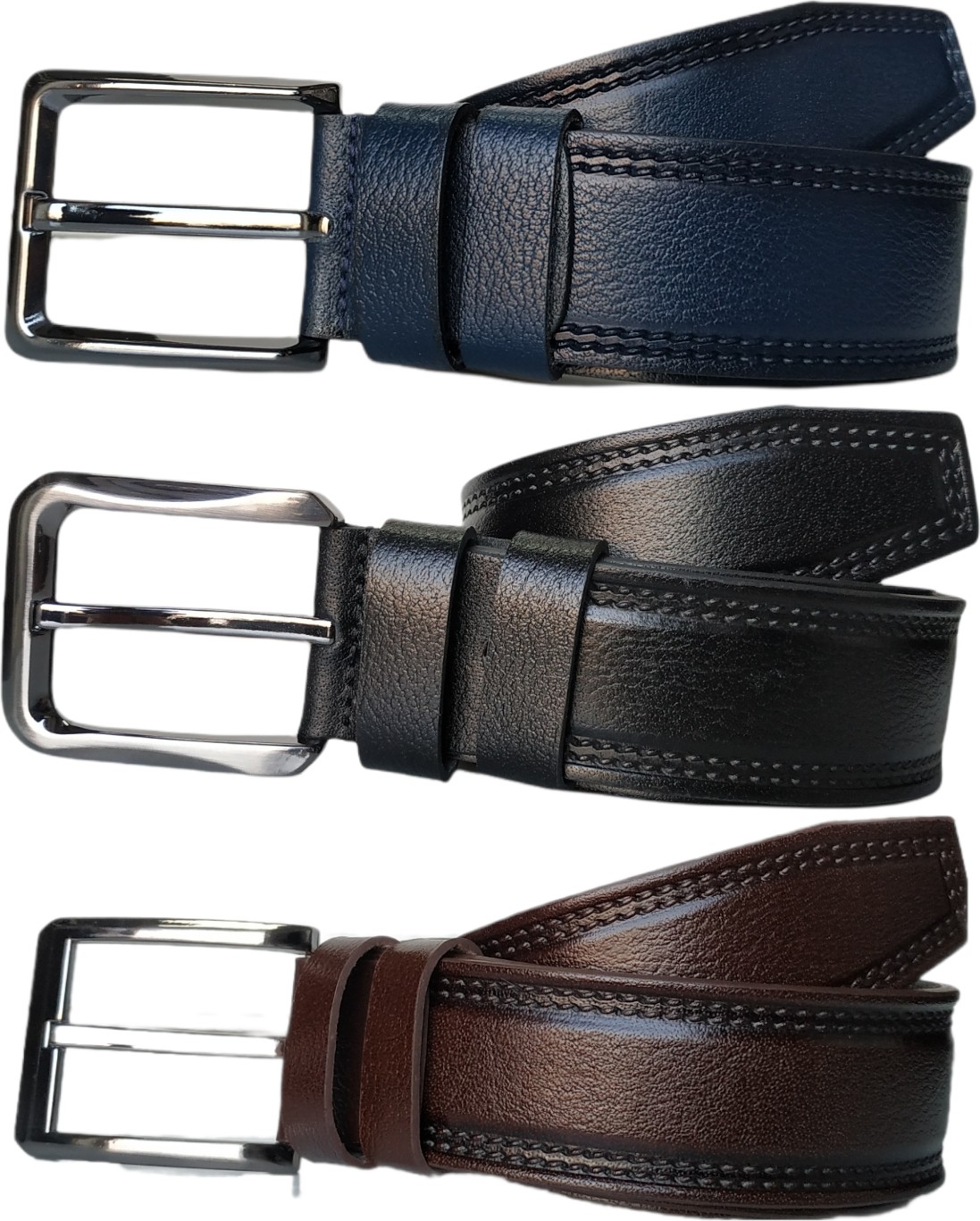 Kar-Pa %100 Deri 3'lü Set Dikiş Desenli Kanvas Pantolon Kemeri 4cm: Siyah-Kahverengi-Lacivert görsel 2