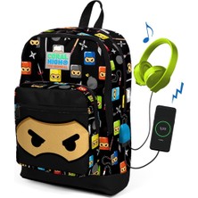 Coral High Kids Siyah Ninja Desenli USB Şarjlı Kulaklık Çıkışlı Okul Sırt Çantası 23285