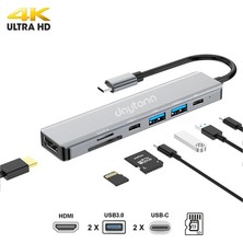 Daytona CF08 Macbook Uyumlu Type-C to 4K 1080p Ultra HD HDMI Type-C PD Şarj 2* USB 3.0 SD TF Kart Okuyucu Kablolu 7IN1 Çevirici Hub Adaptör