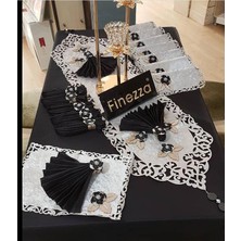 Finezza Afife Kadife ve Monoray Kumaş Gümüş/Siyah  Masa Örtüsü , Peçeteli ve Amerikan Servisli Sofra Takımı 8 kişilik Dikdörtgen 160x230 cm 34 Parça - 50