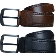 Kar-Pa %100 Deri 2'li Set Dikiş Desenli Kot Pantolon Kemeri 4.5cm: Siyah-Taba