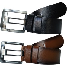 Kar-Pa %100 Deri 2'li Set Kalın Dilli Kot Pantolon Kemeri 4.5cm: Siyah-Taba
