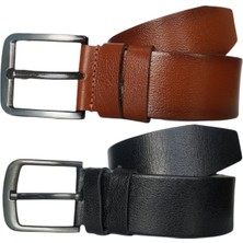 Kar-Pa %100 Deri 2'li Set Düz Kot Pantolon Kemeri 4.5cm: Siyah-Taba