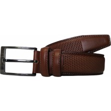 Kar-Pa %100 Deri Desenli Kahverengi Klasik Kumaş Pantolon Kemeri 3.5cm