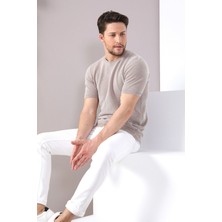 Ferraro Camel/beyaz Kuşgözü Desenli Bisiklet Yaka Erkek Triko T-Shirt