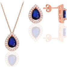 Söğütlü Silver Gümüş Rose Safir Taşlı Damla Modeli Ikili Set