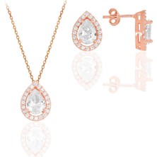 Söğütlü Silver Gümüş Rose Zirkon Taşlı Damla Modeli Ikili Set