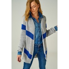 AQE FASHION Kadın Çizgili Örme Gri & Saks Hırka