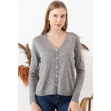 AQE FASHION Kadın Gri V Yaka Hırka