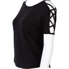 AQE FASHION Kadın Kol Detaylı Kayık Yaka Siyah Bluz